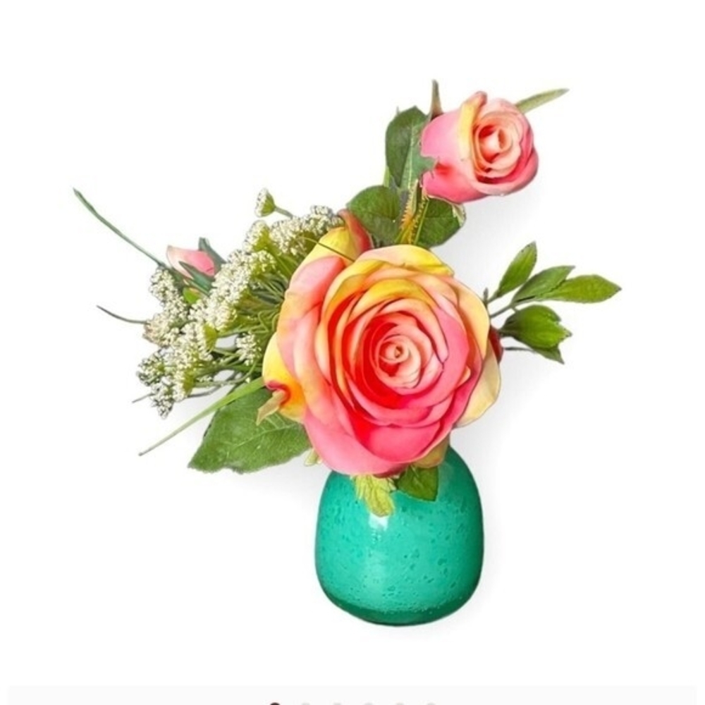 Vintage Teal Cayman Glass Bud Vase Art Deco 4.5" with Floral Arrangement 10" VG - Picture 2 of 7